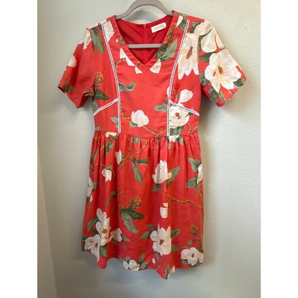 Roolee 100% linen V-neck Fit Flare Women's Red Floral Magnolia Dress Size Small - Picture 2 of 11